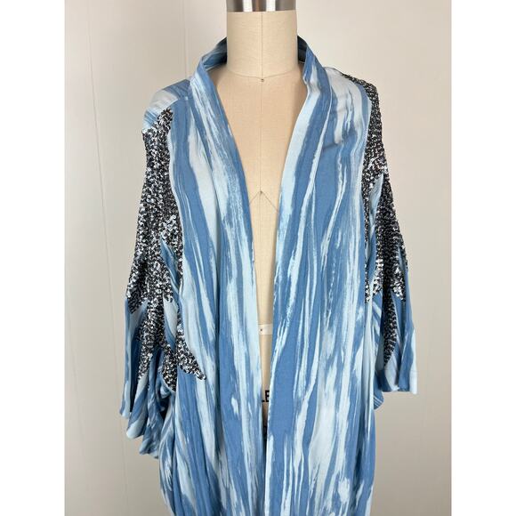 Haute Hippie Tribe Blue Sequin Embellished Kimono 2X Plus Size Flowy Baggy Boho - Picture 3 of 14